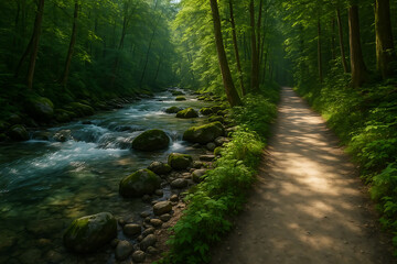 Obraz premium Green Summer Forest with Flowing River and Path
