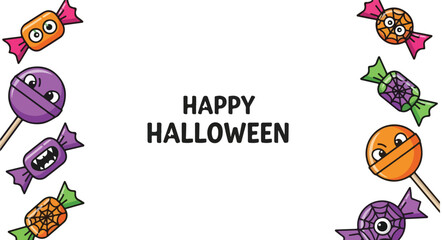 Happy halloween text with cartoon candy border and lollipop on a white background illustration