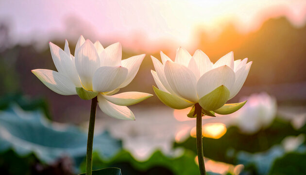 Two White Lotus Flowers Facing the Soft Light of Sunset