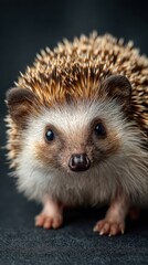 Fototapeta premium Hedgehog curiously exploring a dark surface in a warm indoor environment