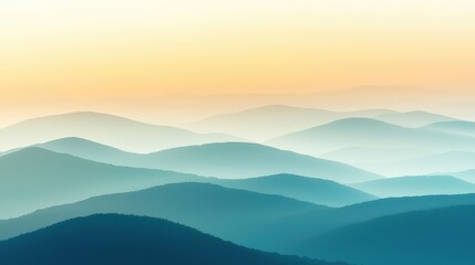 Mountaintop sunset fog concept. Soft, layered mountains with a gradient sky at dawn.