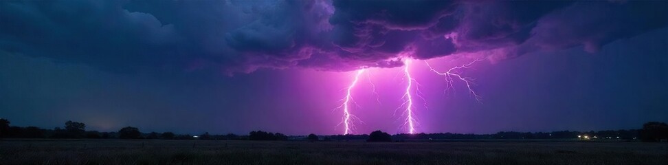 Dramatic thunderstorm with powerful lightning bolt striking the ground, illuminating the dark landscape Intense weather, nature's fury , violent, meteorological