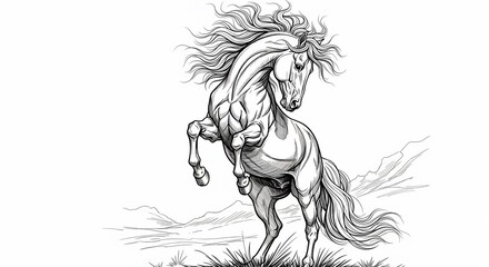 Majestic Rearing Stallion Pencil Sketch Illustration.
