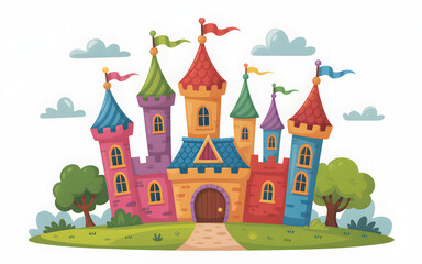 Fototapeta premium Enchanting Cartoon Castle Illustration with Towers, Flags, and Lush Greenery A Whimsical Fortress Set in a Serene Landscape, Perfect for Children