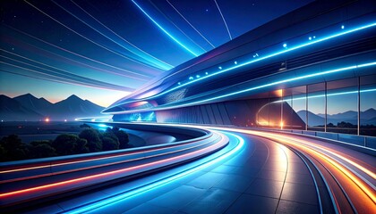 Fototapeta premium Luminous Velocity: Light Trails Embrace a Futuristic Structure at Twilight