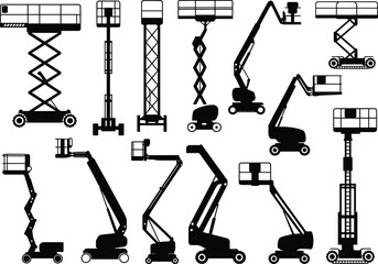 Aerial work platforms, boom lifts, scissor lifts, vertical mast lifts, construction equipment, industrial machinery, elevated work access, hydraulic lifts, articulating lifts, silhouette set © Khadija Creatives