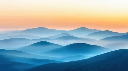 Mountaintop sunset fog concept. Serene landscape of layered mountains at sunrise, featuring soft blue hues and warm light.