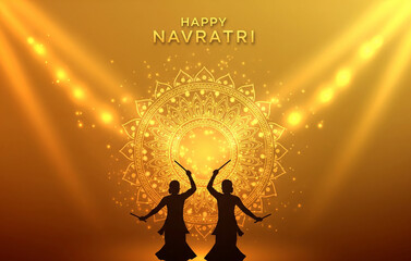 Navratri poster-minimal garba dance with dandiya silhouette in front of a glowing circular mandala, saffron and gold palette, modern typography at the top reading ‘Happy Navratri