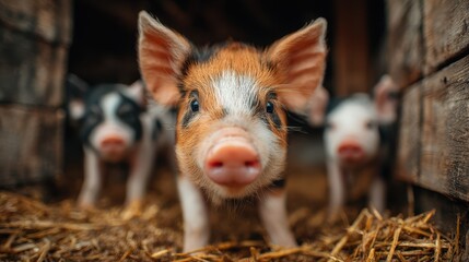 Piglets explore their barn environment while siblings observe from behind straw