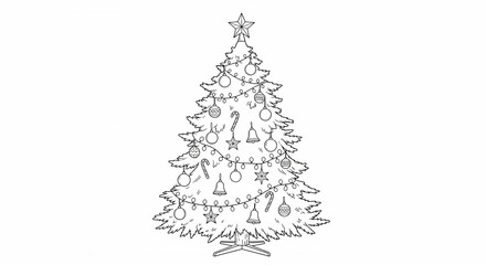 Hand drawn Christmas tree sketch with festive decorations.