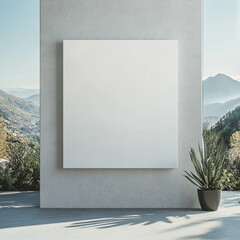 Blank Square Canvas On Textured Wall With Mountain View
