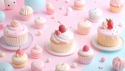 Delicious assortment of pastel cupcakes and treats with berries, perfect for any celebration