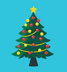 Fototapeta premium Christmas tree with orange star on top and colorful glass balls, festive vector cartoon illustration, simple flat design on blue gradient background, holiday decoration and celebration theme