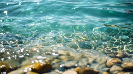 Closeup view of sparkling turquoise water with pebbles on the bottom.