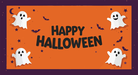 Happy halloween banner with ghosts bats and stars on orange background and purple border design