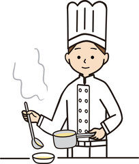 ミルクパンでスープを注ぐ女性コック