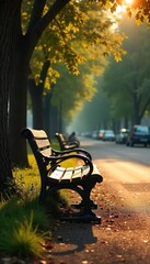 Empty park bench bathed in sunlight, peaceful scene of quiet solitude, deserted urban space during midday Perfect for themes of loneliness, tranquility, or urban stillness , city, summer