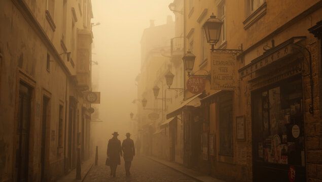 Mysterious Foggy Urban Street with Silhouettes in Vintage European Cityscape - Atmospheric Morning Walk in Historic District