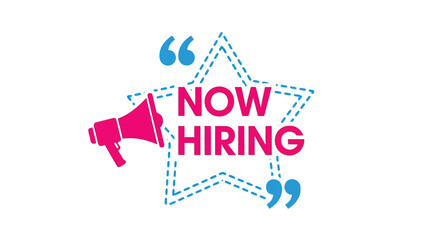 Vector illustration of now hiring announcement with a megaphone and star graphic