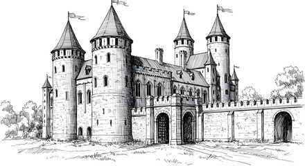 Detailed Hand-Drawn Castle Illustration in Black Ink
