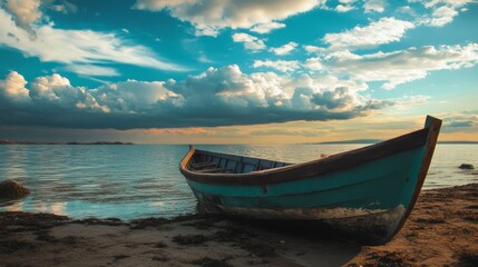 Naklejka premium A small wooden boat rests on a sandy beach at sunset, with calm water and dramatic clouds in the sky.