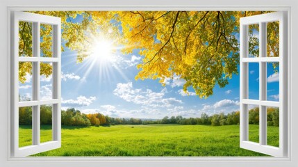Fototapeta premium A window open to the sky and grass offers a view of nature and freedom from a room in a house