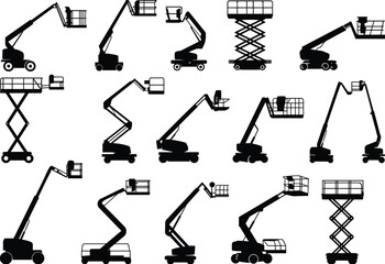 Aerial work platforms, boom lifts, scissor lifts, construction equipment, industrial machinery, elevated work access, cherry pickers, telescopic lifts, articulating lifts, silhouette set © Khadija Creatives