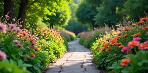 Serpentine pathway meanders through lush garden beds bursting with vibrant blooms and fragrant herbs, creating a tranquil, immersive experience , environment, color, flowers