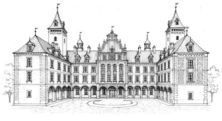 Obraz premium Renaissance Castle Sketch with Courtyard