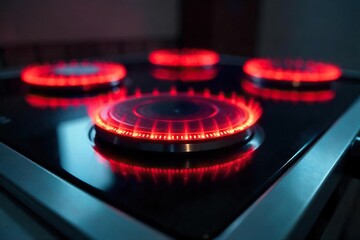 Close-up view of a modern electric stovetop with sleek black glass surface and glowing heating elements, ready for cooking , black, power