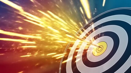 An arrow powerfully strikes the bullseye of a target, unleashing a brilliant explosion of sparks and light, symbolizing strategic success and goal achievement