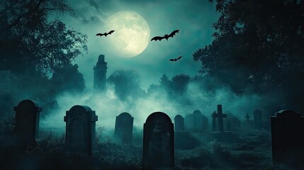 graveyard with crooked tombstones