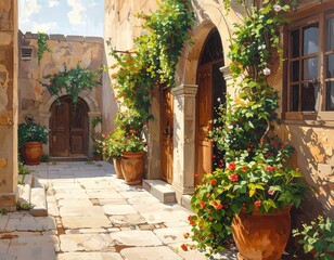 Fototapeta premium Charming Mediterranean Courtyard with Lush Greenery and Blooming Flowers