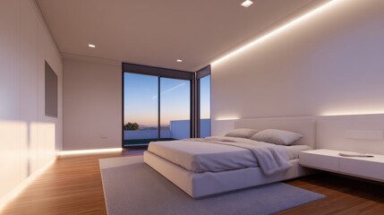 Modern minimalist bedroom with large windows showcasing a serene sunset view and soft lighting