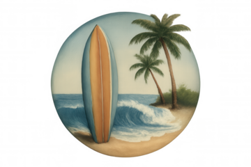 Surfboard resting on sandy shore, palm-lined coastline, breaking waves, transparent backdrop highlighting tropical surfing lifestyle