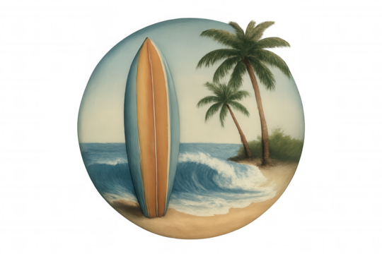 Surfboard resting on sandy shore, palm-lined coastline, breaking waves, transparent backdrop highlighting tropical surfing lifestyle