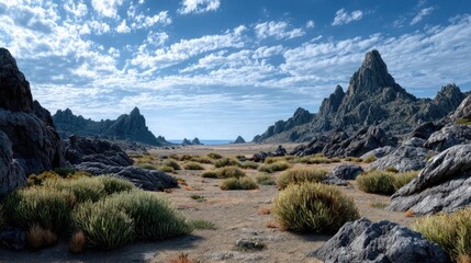 360 degree panorama map of black environment concept. Breathtaking rocky landscape under a vibrant blue sky.