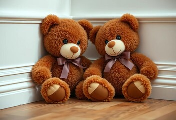Obraz premium Brown teddy bear, wooden floor, white wainscoting, small plant, stock photo, classic