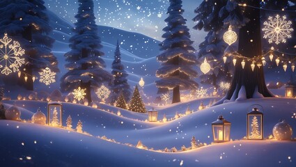 Enchanting winter wonderland with glowing lights snowflakes and christmas tree decorations