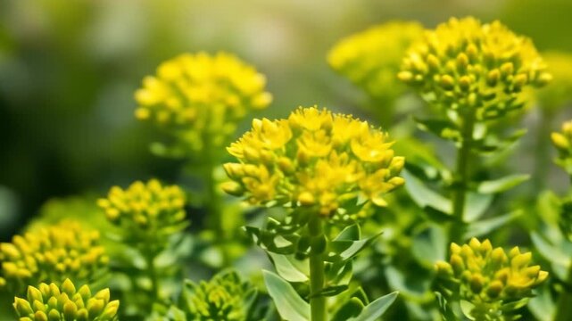 Vibrant Yellow Sedum Flowers Blooming in Sunlight: Close-Up Macro Shot