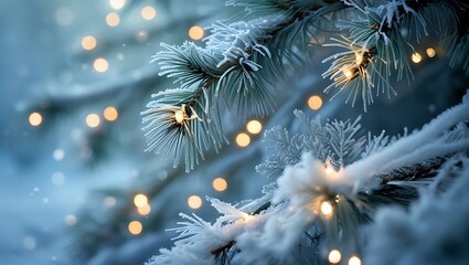 Festive winter holiday background of frosted pine branches and glowing bokeh lights
