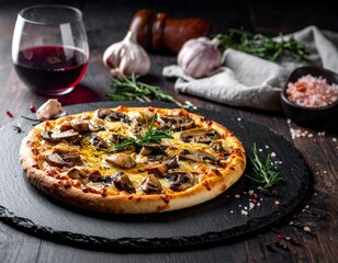 Delicious homemade mushroom pizza on a dark rustic table with red wine, fresh garlic, and rosemary. AI generated image