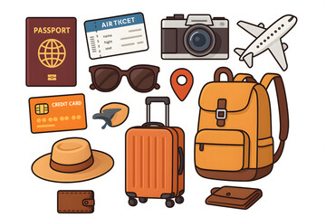 Journey Essentials: a collection of travel-related item, a passport, plane ticket, camera, airplane, sunglasses, map marker, backpack, suitcase, hat, card, wallet for the perfect getaway.