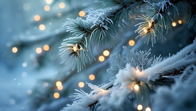 Festive winter holiday background of frosted pine branches and glowing bokeh lights
