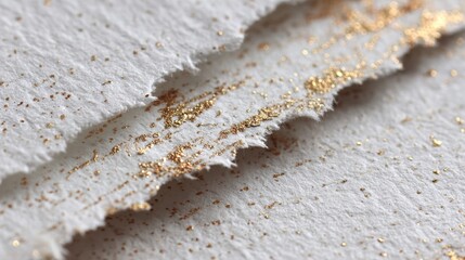 Golden Glitter Accents on Torn Textured Paper Creating a Craft Project Setting During Daylight Hours