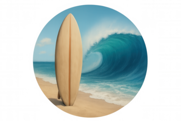 Surfboard positioned near crashing ocean wave, sandy shoreline background, circular frame highlighting summer surfing atmosphere