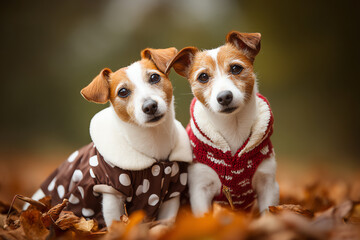 Two small dogs wearing cozy sweaters sit closely together on autumn leaves, looking attentively at the camera with a soft, blurred background