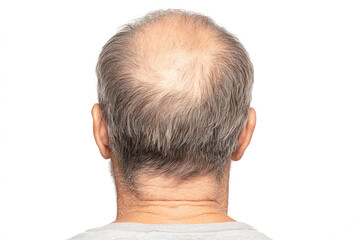 Obraz premium Rear view of an older man with thinning hair and bald spot on the crown, against a white background