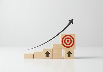 Target icon on top of wooden blocks with rise up arrows, 3d bar graph chart steps on blue background, vertical style, business growth process, profit, investment, economic improvement concepts.