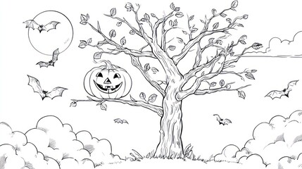 Halloween drawing featuring a spooky tree, carved pumpkin, bats, and clouds